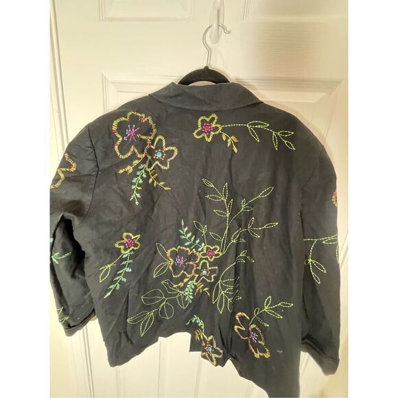 Vikki Vi Black Linen/Cotton Blend Floral Embroidery Lined Jacket Blazer Size 2X - Picture 2 of 7